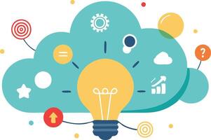 Light bulb surrounded by technology and business icons, symbolizing innovation, ideas, and growth in a flat design vector