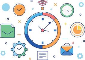 Clock surrounded by various productivity and communication icons, symbolizing time management and efficiency in design vector