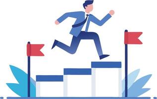 Businessman jumping over hurdles representing challenges and success in business in a flat design vector
