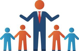 Business leader standing with smaller figures, symbolizing guidance, leadership, and team development in a flat design vector