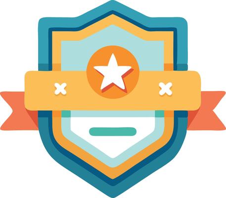 Badge with a star and ribbon representing achievement, honor, and recognition in a flat design