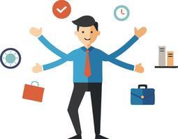 Businessman balancing multiple tasks with various objects floating around, illustrating time management vector