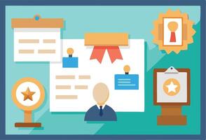 Resume, awards, and certificates displayed, representing professional achievements and recognition in flat illustration vector