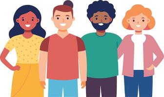 Illustration of four diverse individuals standing side by side symbolizing unity, diversity, and friendship vector