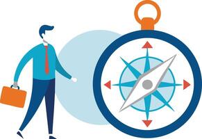 Businessman walking towards a compass, symbolizing career direction, guidance, and navigation in illustration vector