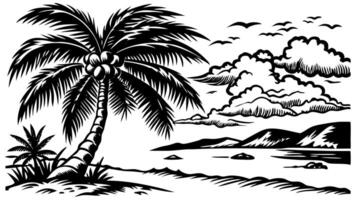sketch of a view of a coconut tree on the beach, illustration vector