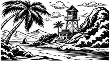 sketch of a view of a tower on the beach, illustration vector