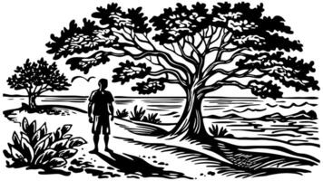 sketch of a view of a tree on the beach, illustration vector