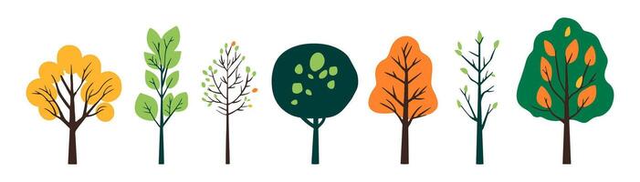 Tree and green yellow leaf collection hand drawn flat design element. botanical set of bare trees and ones with leaves and lush limited pastel color vector