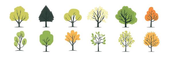 Tree and leaf collection hand drawn flat design element. botanical set of bare trees and ones with leaves and lush limited flat pastel color vector