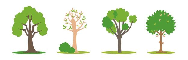 Tree and leaf collection hand drawn flat design element. botanical set of bare trees and ones with leaves and lush limited pastel color vector