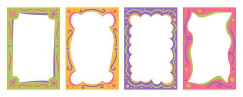Wavy scallop border shapes. Rectangle fun psychedelic hand drawn frame. Doodle cute design for text photo and picture. Groovy child template. Y2K decorative blank. vector