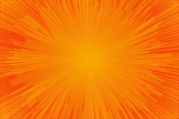 Comic yellow background. Orange pop art sunburst pattern. Retro explosion with halftone effect. Abstract superhero wallpaper