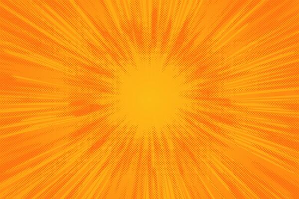 Yellow comic sunburst background. Retro poop art sun light cartoon bg. Orange rays with dotted pattern. Striped rays of explosion. manga book effect