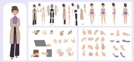 Business woman avatar creation suitable for animation. Generator, constructor of diverse views of face, body, hands and leg parts. Female character construction for comfortable fast motion design. vector