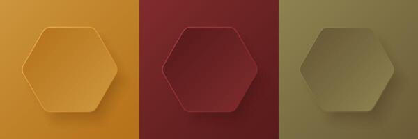 Set of autumn colored 3D hexagon circles frames with soft light and shadow. Minimal papercut pedestal podium in top view with text copy space. Badge emboss texture collection design. vector