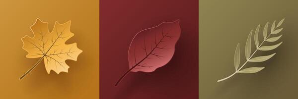 Set of autumn leaves in paper cut style. 3d collection of fall leaf. Papercut craft elements for Origami paper natural forest objects for seasonal discount decoration, sale, web, presentation design. vector