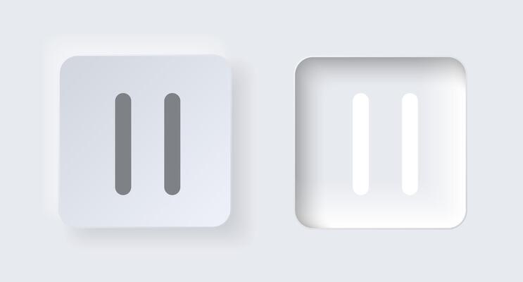 Neumorphic pause button for interface application or web design. Simple elegant neumorphism trendy designs element UI components isolated on white background.