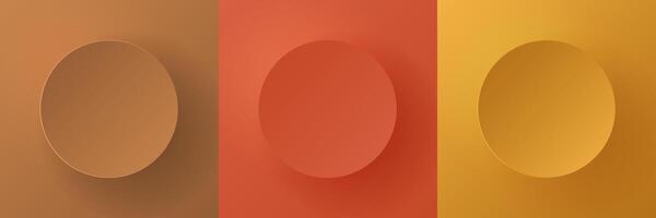 Set of autumn colored 3D round circles frames with soft light and shadow. Minimal papercut pedestal podium in top view with text copy space. Badge emboss texture collection design. vector