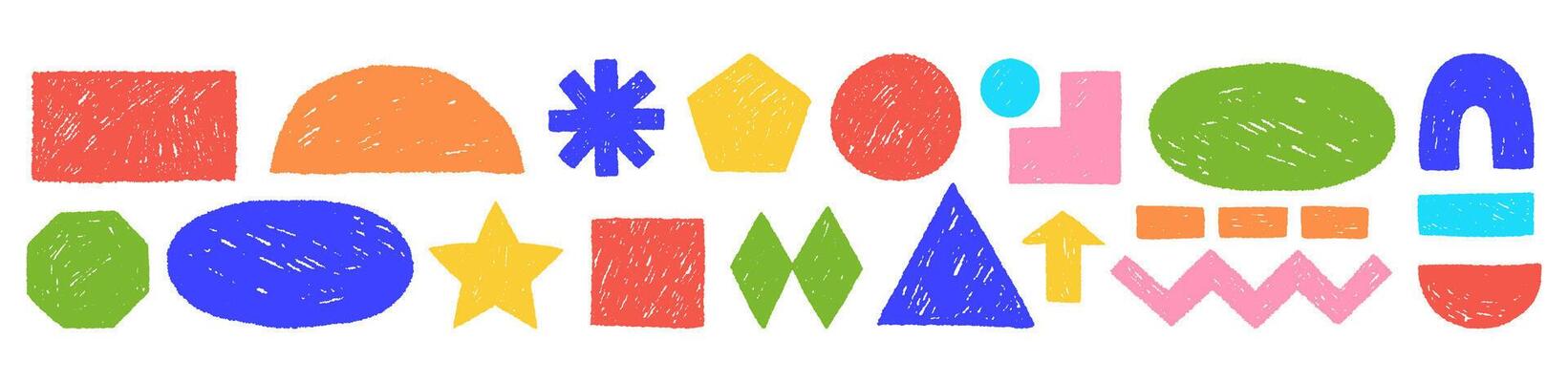 Stickers for kids with abstract geometric shapes with pencil or crayon texture. Elements of the sketch in the hand drawn style. Children's illustration
