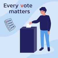 Man throws a ballot into the voting box. A call to vote. Every vote matters. vector