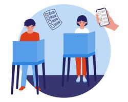 The girl and the boy in the voting booth make their choice. Voting online. vector