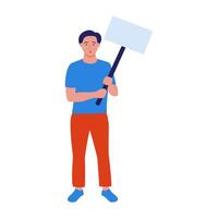Man with an empty poster in his hands, expressing his opinion. Protest, rally. vector