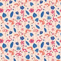 Pattern with pink flamingos and tropical leaves on pink background. Pink flamingo in flat style. Seamless pattern for textile, wrapping paper, background. vector