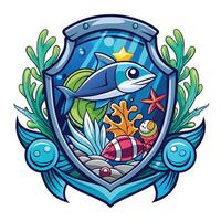 A shield with fish and sea creatures vector
