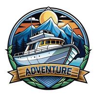 A boat is in the middle of a logo with the words adventure vector