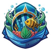 A cartoon fish and coral in a shield vector