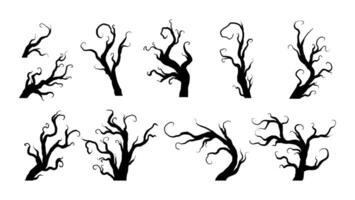 Set of eerie tree silhouettes for Halloween, featuring twisted, creepy shapes. Isolated on a white background. vector