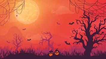 Eerie Halloween scene with shadowy figures and ominous pumpkins under a full moon in a haunted forest. vector