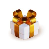 3D white gift boxes with ribbon in gold over white background. 3D rendering of a modern holiday surprise box. vector