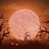 Shadowy Halloween scene with eerie pumpkins set against a backdrop of a full moon illuminating a haunted forest. vector