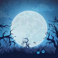 Shadowy Halloween scene with eerie pumpkins set against a backdrop of a full moon illuminating a haunted forest. vector