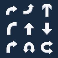 Set of white directional arrows with various shapes on a dark background. vector