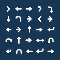 Set of white arrow icons on a dark blue background, showcasing various directions and pathways. vector