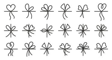 Simple bow doodle set. Line bows on ribbon. Bow on string set decoration. Bowknot for package, letter. Illustration vector