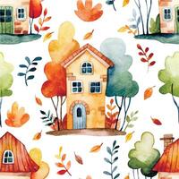 seamless pattern with houses. watercolor print with houses, autumn leaves and trees vector