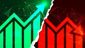 Stock market illustration. Comparison chart between bullish and bearish. Up and down trading concept with candlestick and arrow bar charts vector