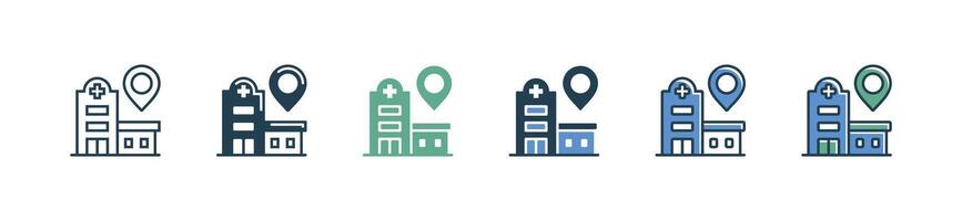 hospital building with pin location icon set medicals emergency health care illustration for web and app vector