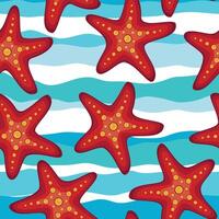 Starfish Seamless pattern on blue abstract wavy lines background vector