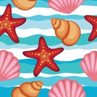 Starfish, seashells and shell Seamless pattern on blue abstract wavy lines background vector