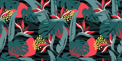 Seamless pattern with abstract tropical jungle. Summer print with monstera leaves, palm trees, strelitzia flowers. vector