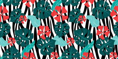 Seamless pattern with abstract tropical leaves and bright flowers on a background of animal print. Summer exotic pattern for fabric, textiles, packaging. vector