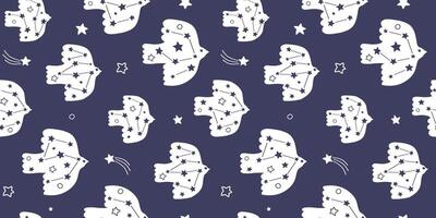 A set of seamless patterns with silhouettes of flying birds against the background of stars and constellations. Abstract dream night. vector