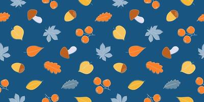 Seamless pattern with falling leaves, mushrooms, acorns. Autumn simple abstract print. vector