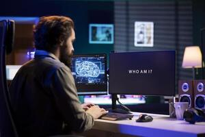 Man at home witnessing AI becoming sentient, talking with him, asking questions about itself. Concept of artificial intelligence wishing to befriend humanity after becoming self aware, communicating photo