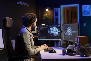 Developer using computer to update artificial intelligence machine learning algorithm, writing binary code scripts. IT expert programming on desktop PC to upgrade AI brain photo